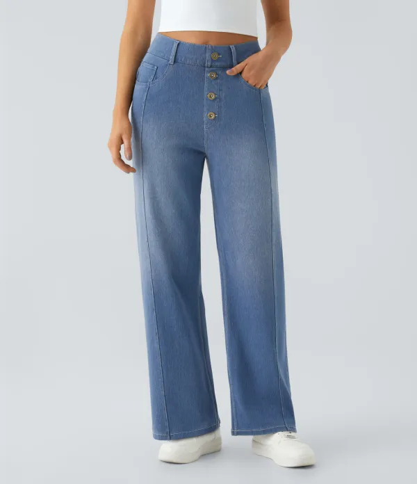 Magic High Waisted Decorative Button Multiple Pockets Straight Leg Stretchy Knit Casual Boyfriend Jeans