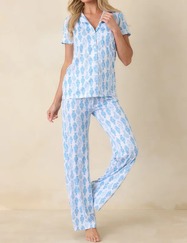 Blue & White Print Pajama Top