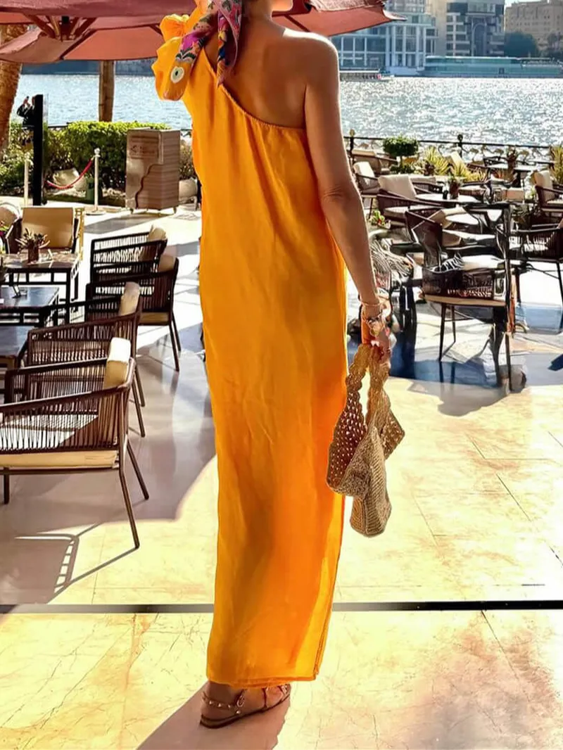 Boho One Shoulder Slit Maxi Dress
