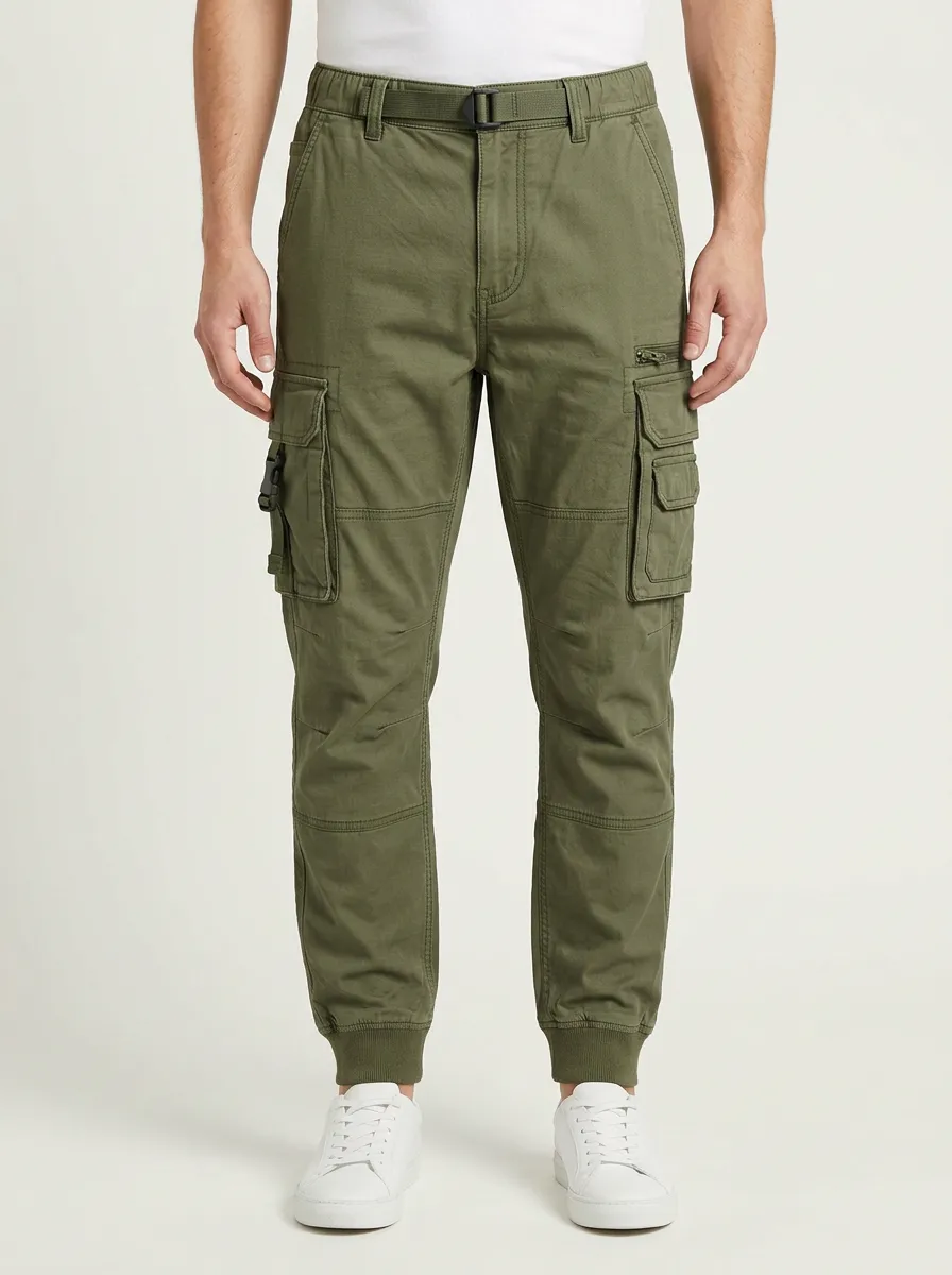 Men's Webbing-Belt Reinforced-Knee Utility Cargo Joggers