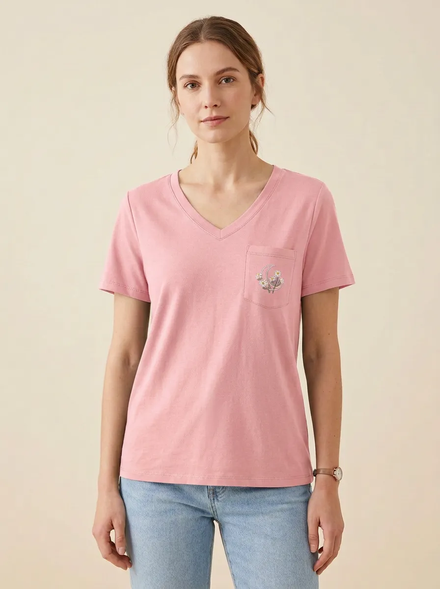 Women's Daisy & Crescent Moon Embroidered Pocket V-Neck T-Shirt