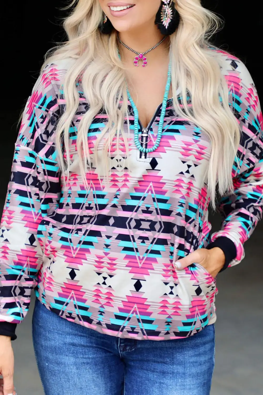 Western Aztec Pattern Zipped Turn Down Collar Sweatshirt