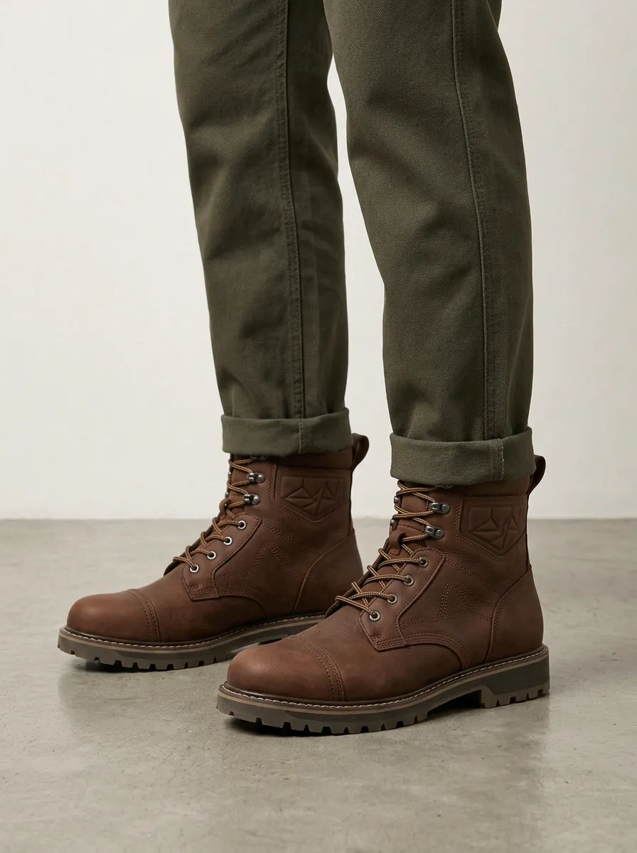 Unisex Geometric Embossed Leather Work Boots