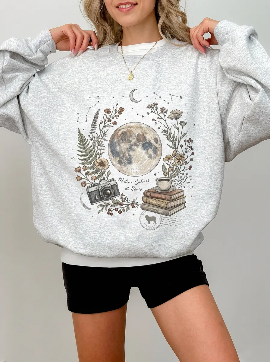 Women's Moon Floral Camera Book Graphic Sweatshirt