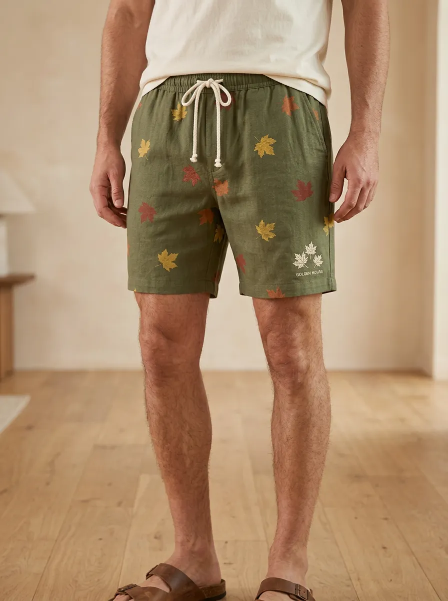 Olive Leaf-print Drawstring Embroidered Shorts