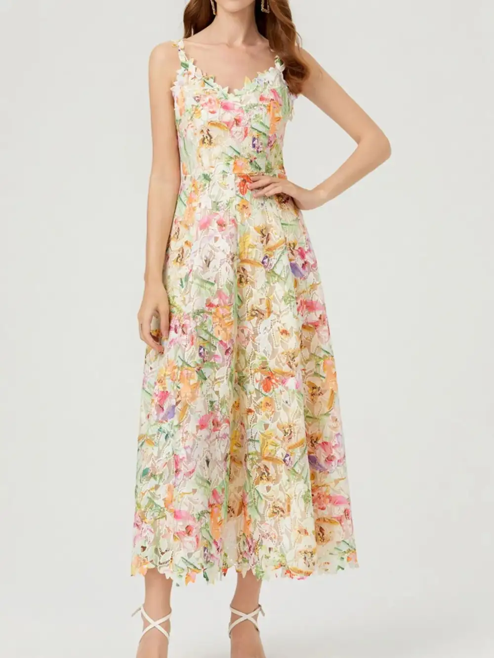 Floral Lace V Neck Midi Dress