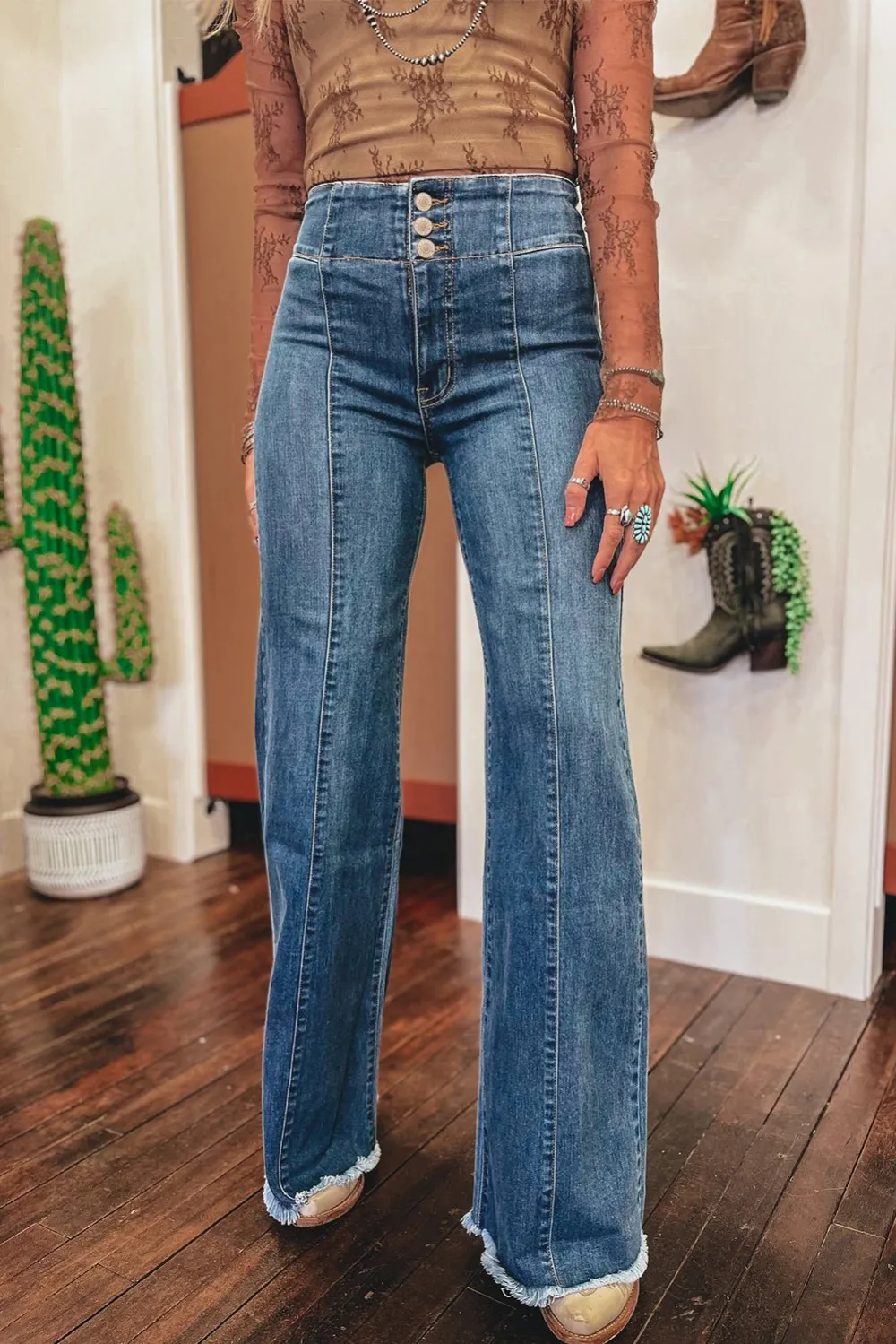 High Waist Raw Hem Casual Jeans