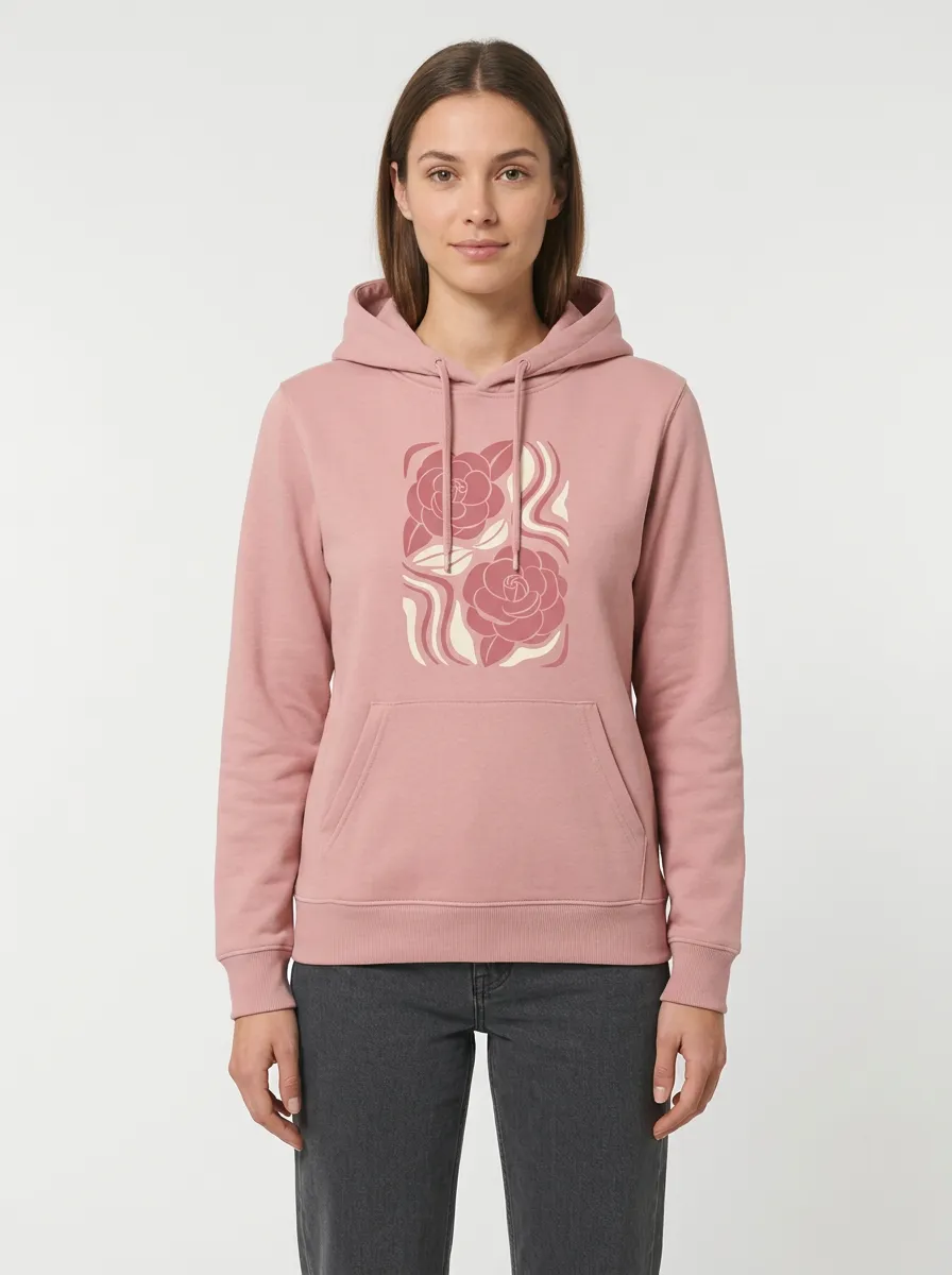 Women's Hooded Drawstring Graphic Floral-Motif Ribbed Long-Sleeve Hoodie