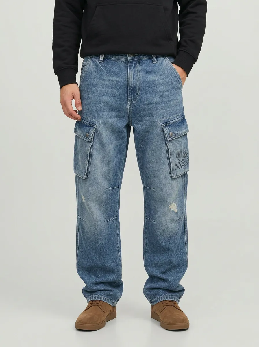 Men's Geometric Pattern Distressed Denim Printed Cargo Jeans