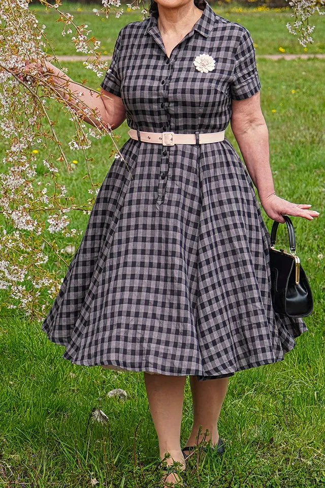 Plaid Linen Fit And Flare Shirt Short Sleeve Midi Dress