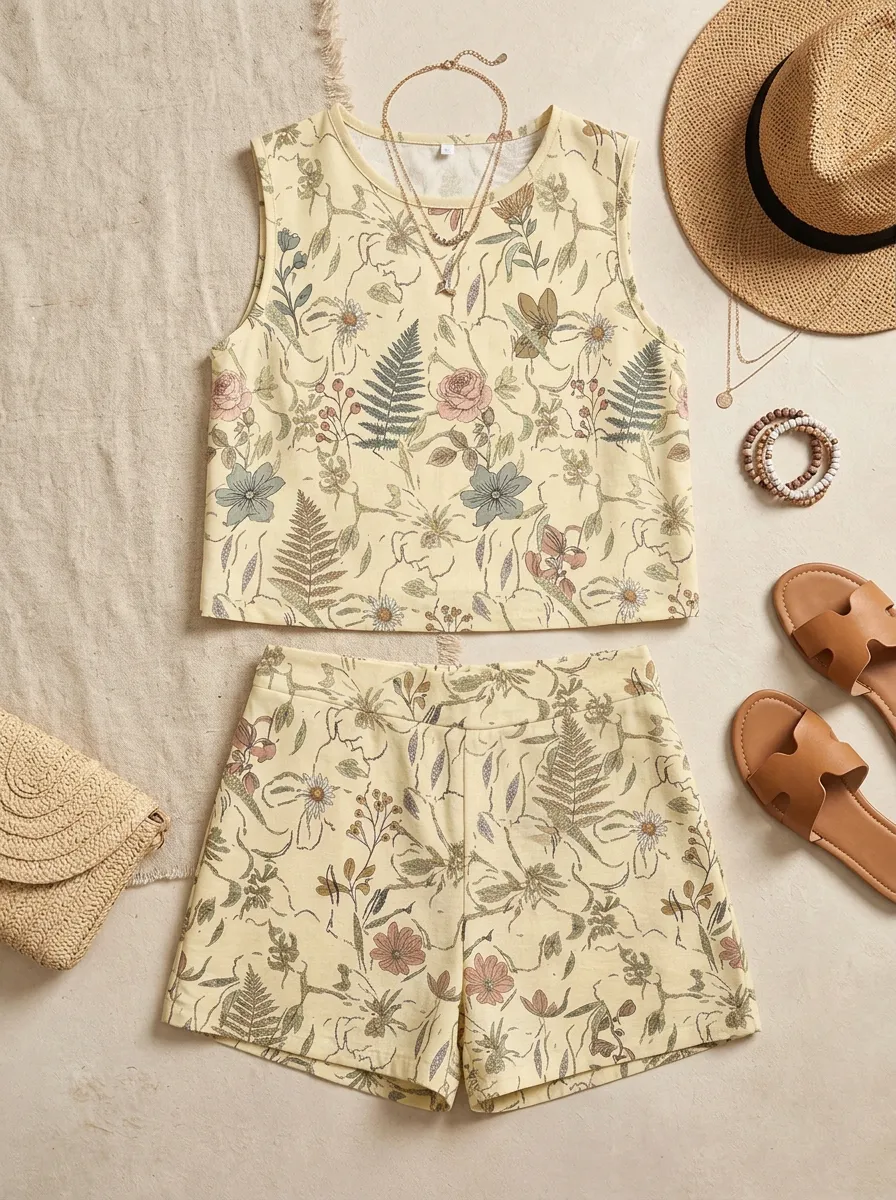 Women's Boho Floral Botanical Printed Sleeveless Shorts Set