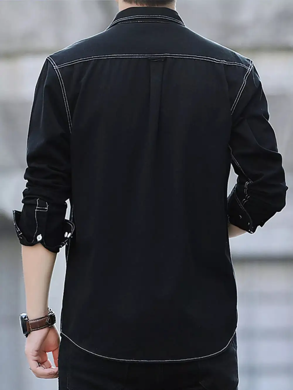 Contrast Stitching Button Up Long Sleeve Shirt