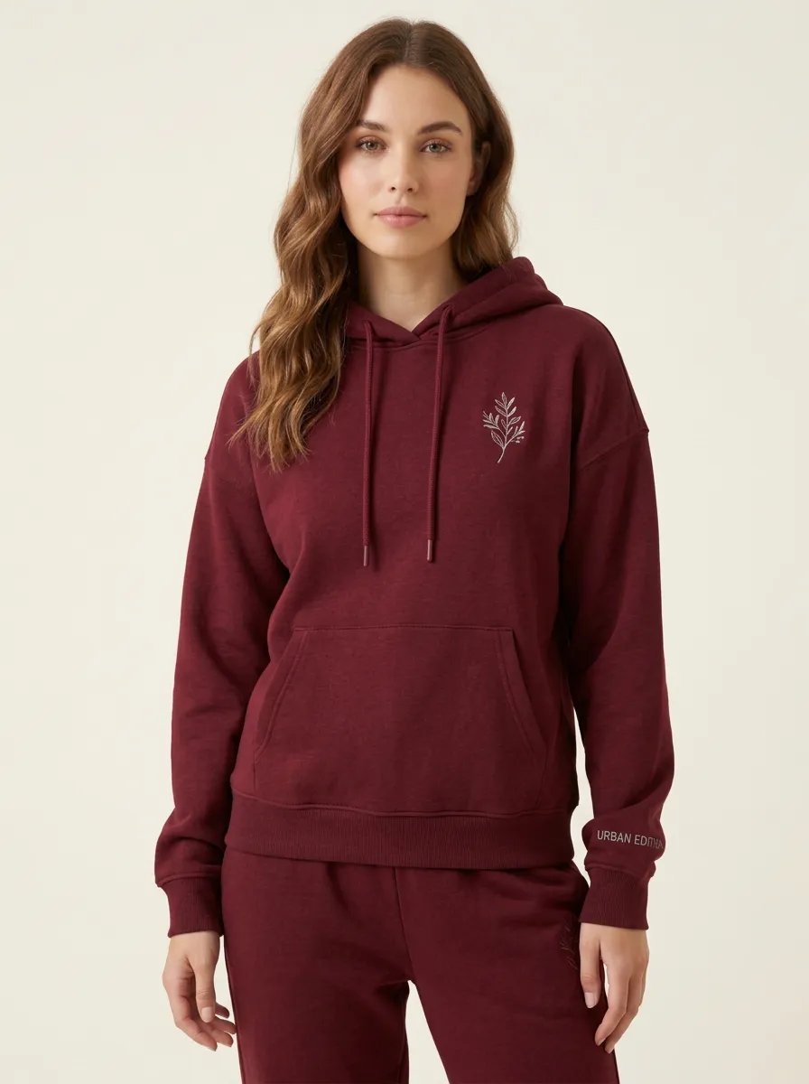 Women's Minimalist Floral Embroidered Grey Hoodie & Jogger Set
