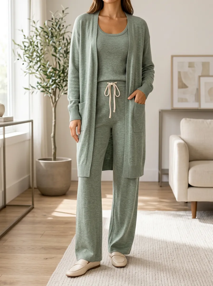 Women's Leisure Knit Cardigan Tank Top And Drawstring Pants Matching Set