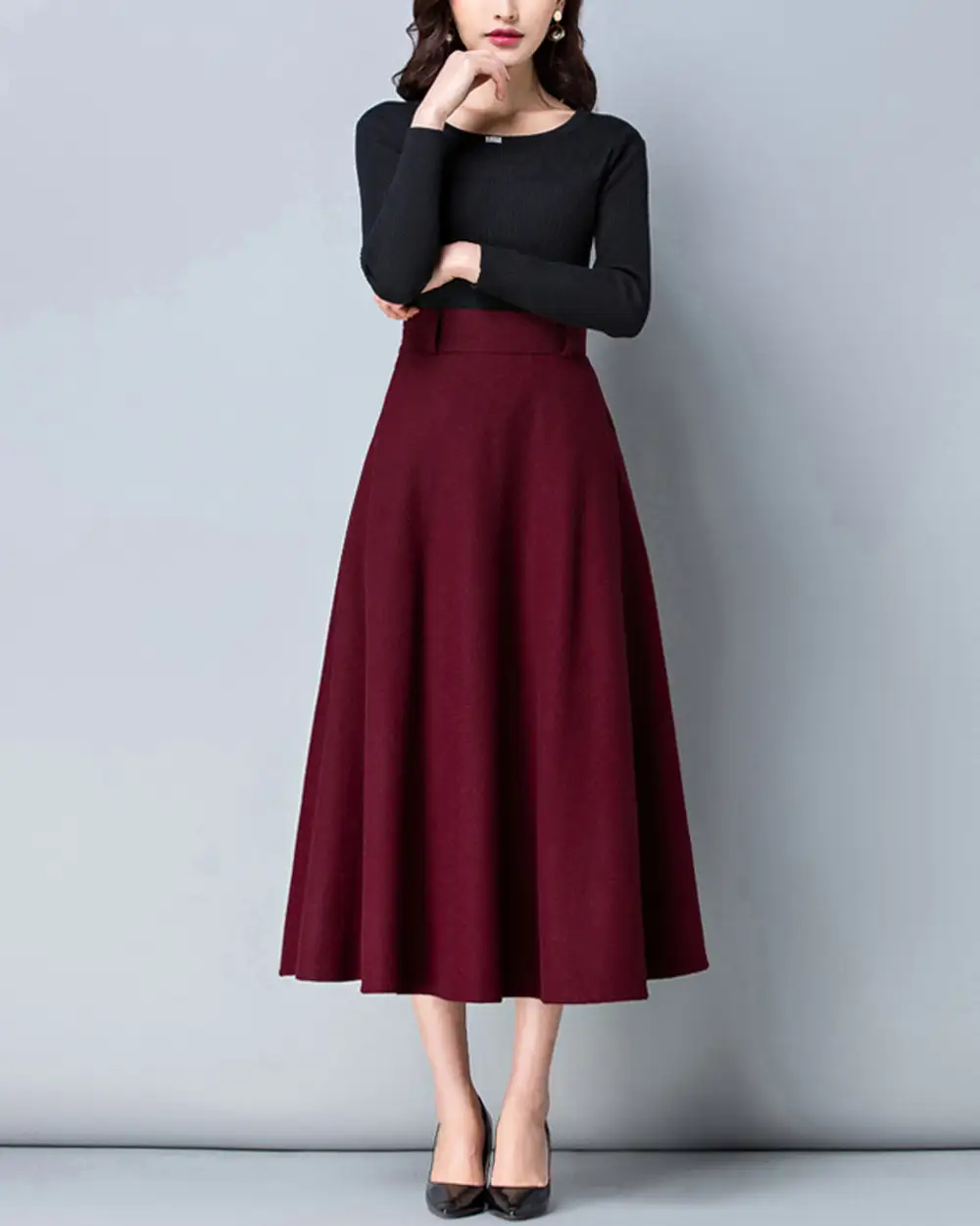 Belted Wool Flared Maxi Skirt