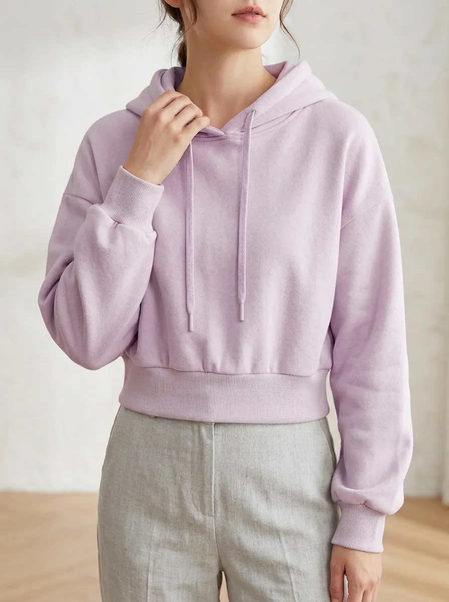 Women's Casual Minimalist Solid Beige Plain Cropped Hoodie
