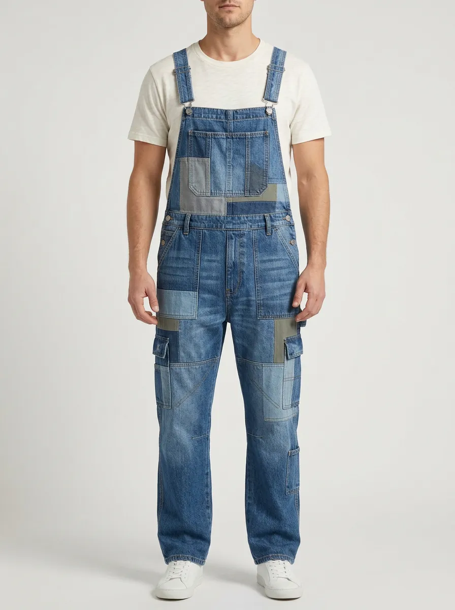 Patchwork Denim Cargo Bib Pocket Overalls