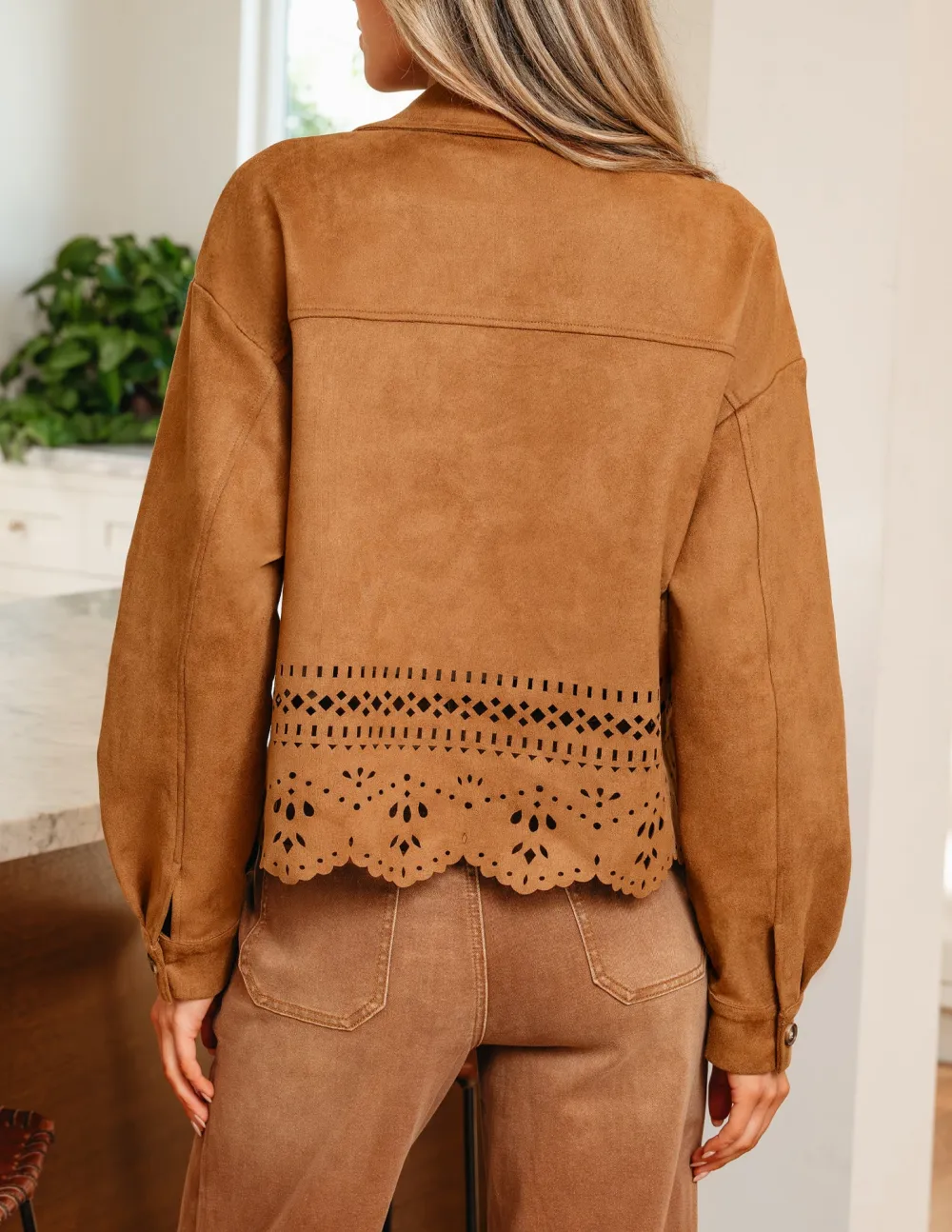 Women's Solid Faux Suede Hollowed Detail Retro Style Jacket
