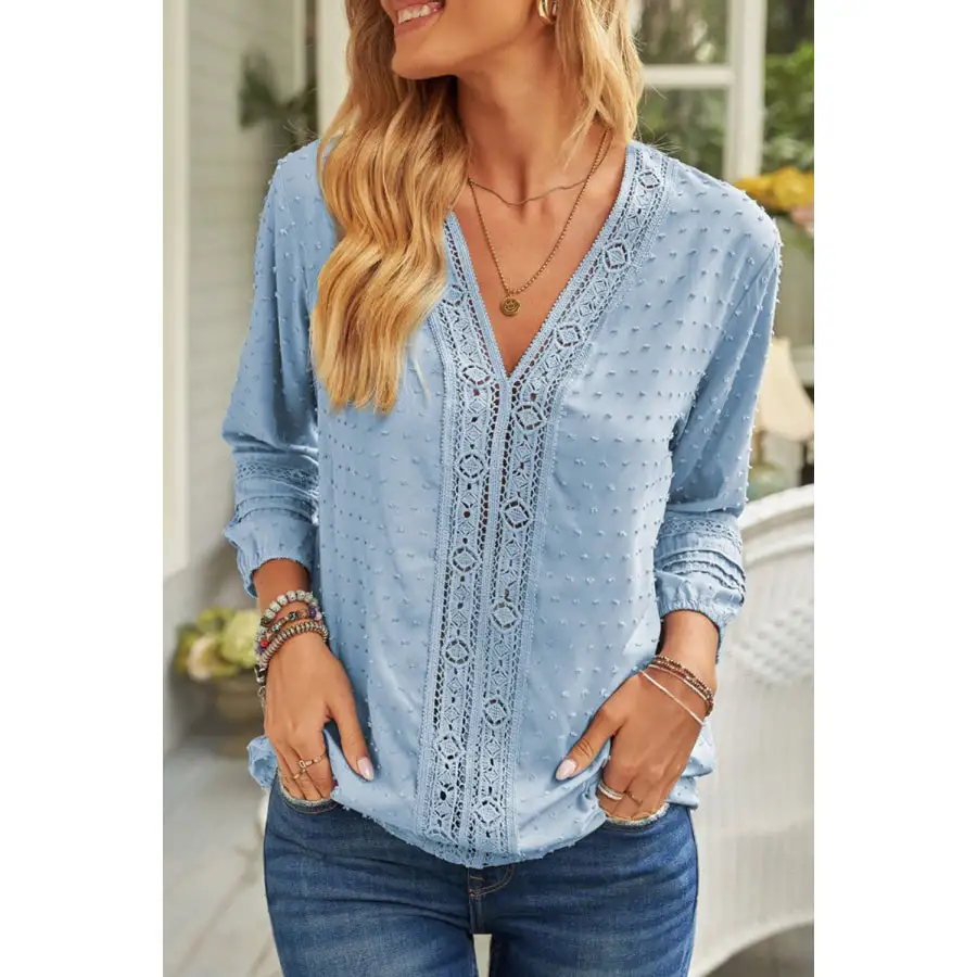 Swiss Dot V Neck Long Sleeve Blouse