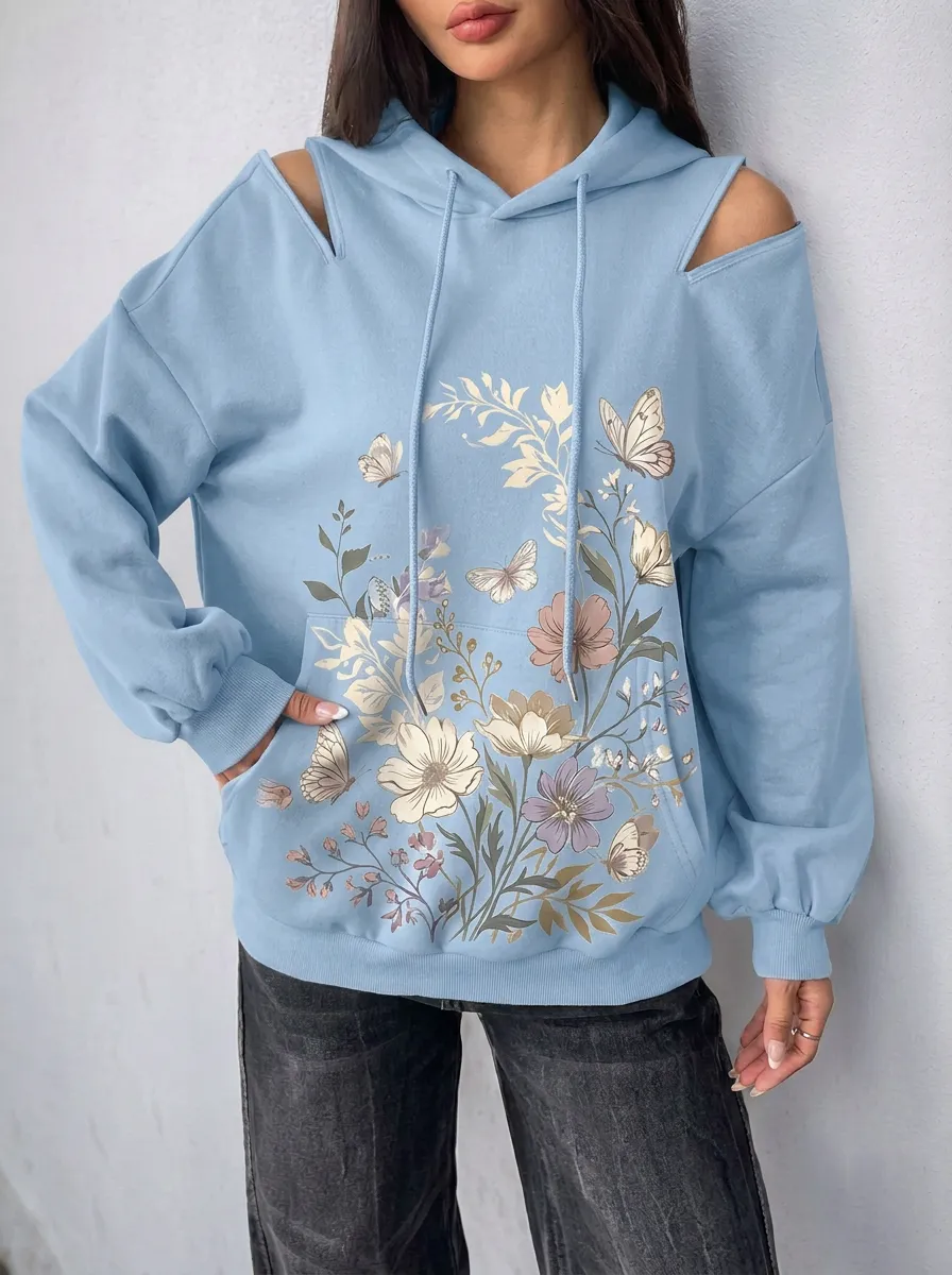 Women's Floral Butterfly Nature Lover Printed Cold Shoulder Hoodie