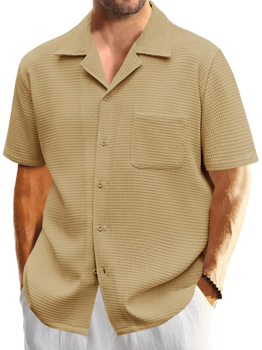 Textured Knit Open Collar Shirt