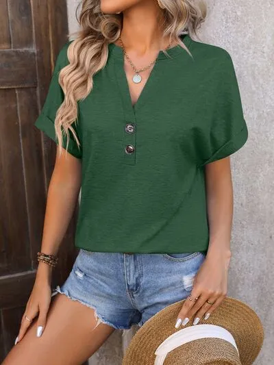 Relaxed Notched-Neck Short-Sleeve Button-Detail T-Shirt