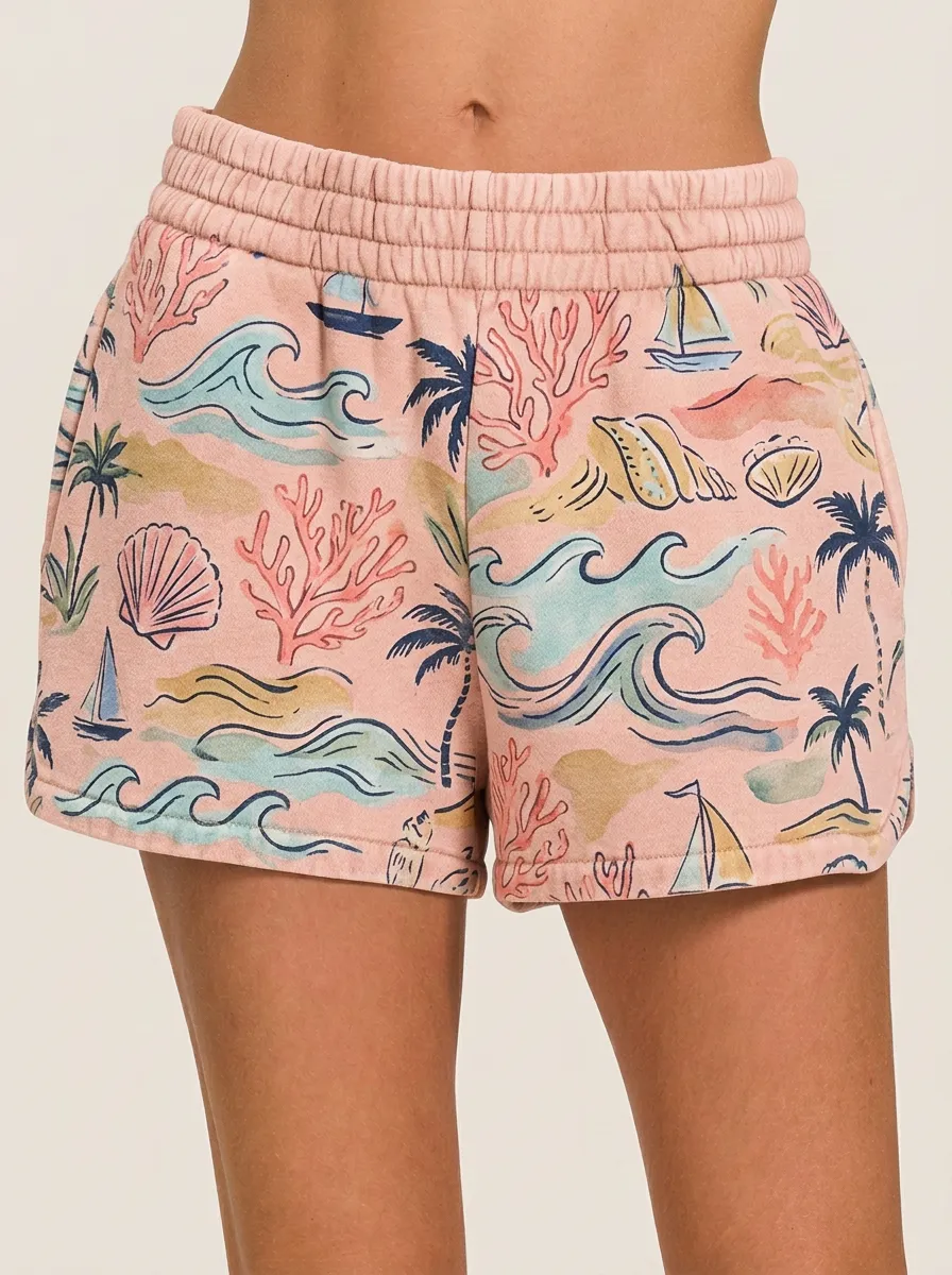 Women's Coastal Ocean Coral Shell Palm Tree Graphic Shorts