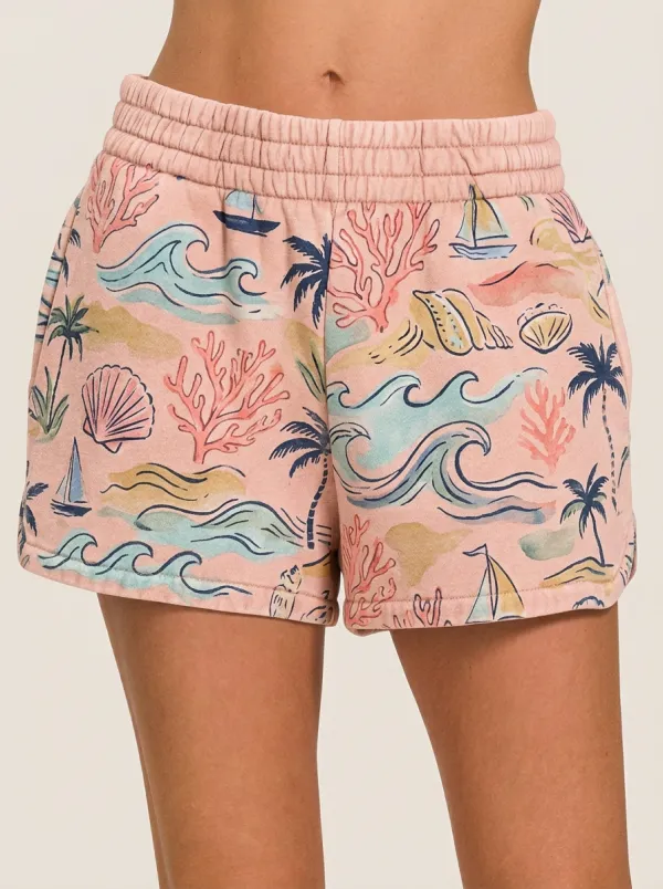 Women's Coastal Ocean Coral Shell Palm Tree Graphic Shorts