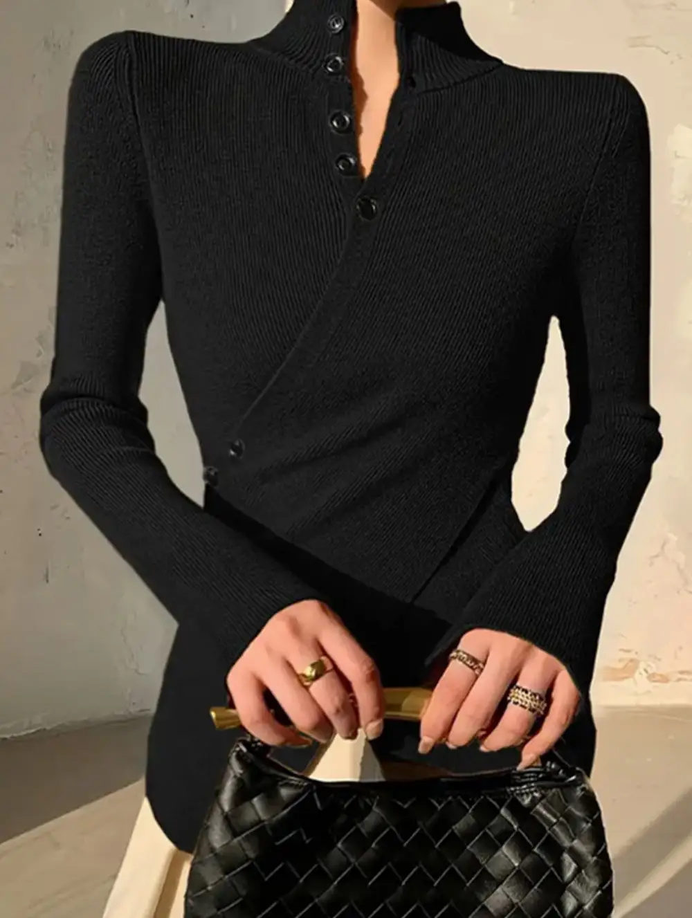 Asymmetric High Neck Knit Top Long Sleeve Tee