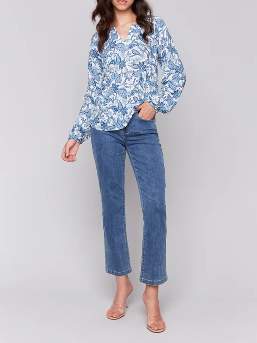 Artistic Floral All-Match V-Neck Long-Sleeved Top