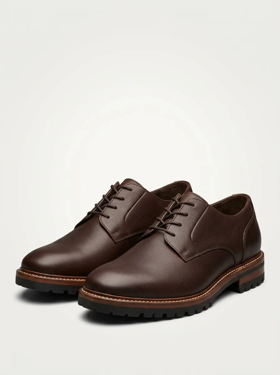 Men's Classic Pebble Grain Lug Sole Lace-Up Round Toe Contrast Welt Leather Oxford Shoes