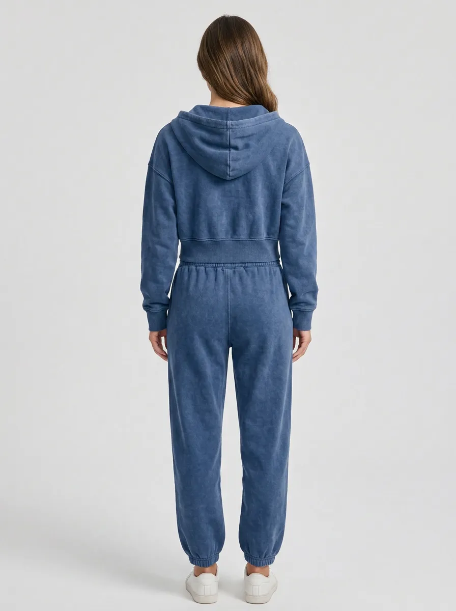 Vintage-Wash Sporty Women's Cropped Zip-Up Hoodie Jogger Active Set