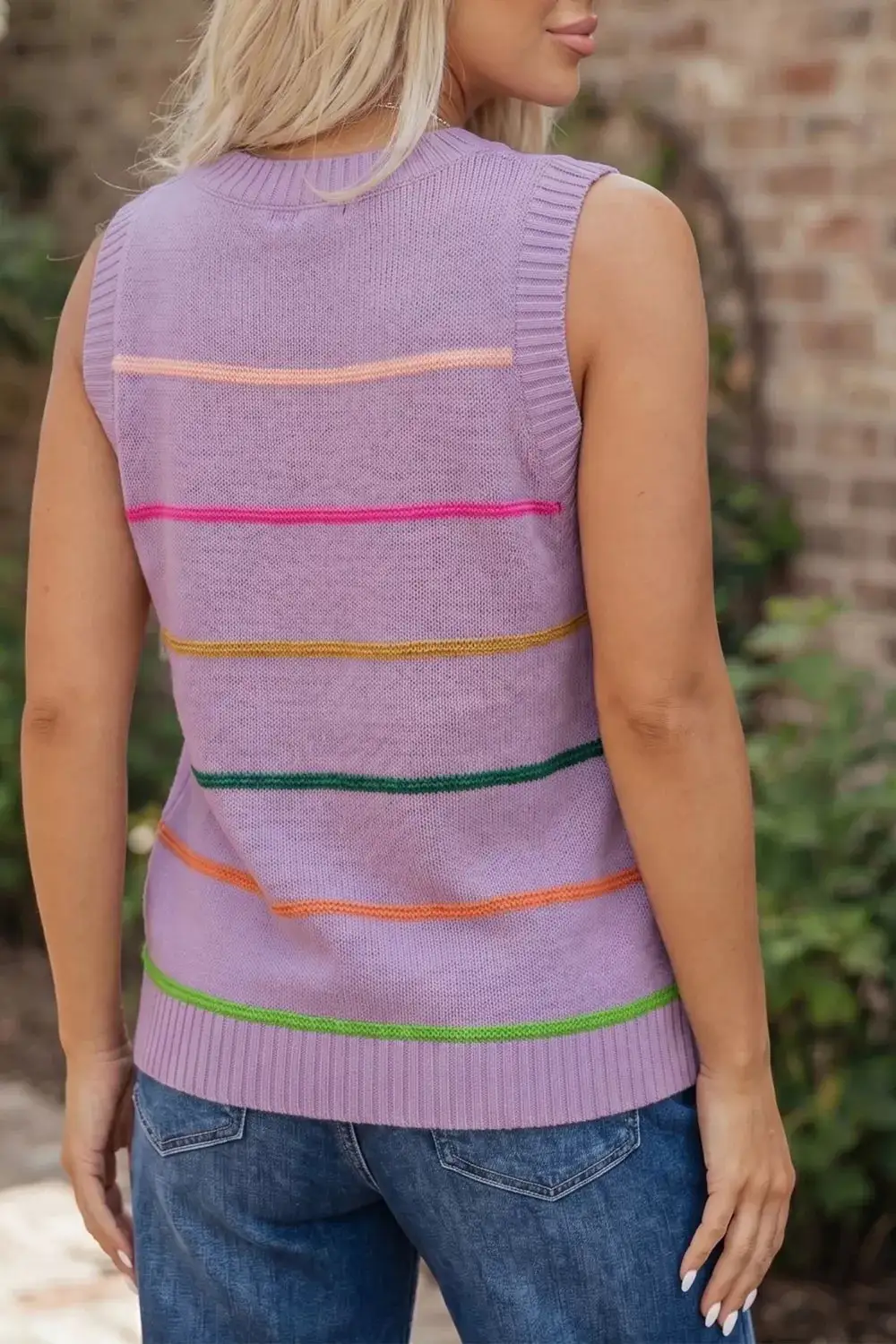 Round-Neck Knit Striped Tank Top