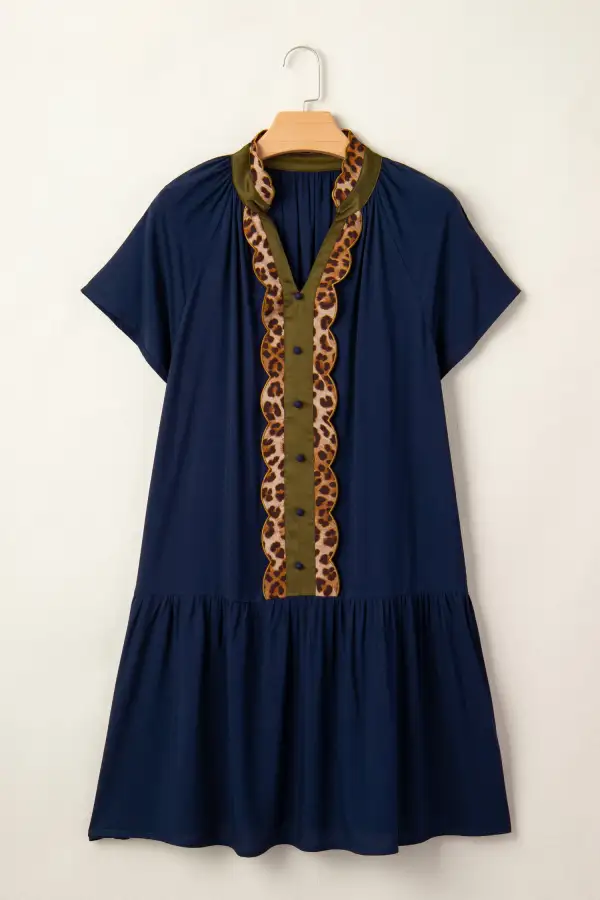 Button Detail Leopard Metallic Trim Short Sleeve Tunic Dress