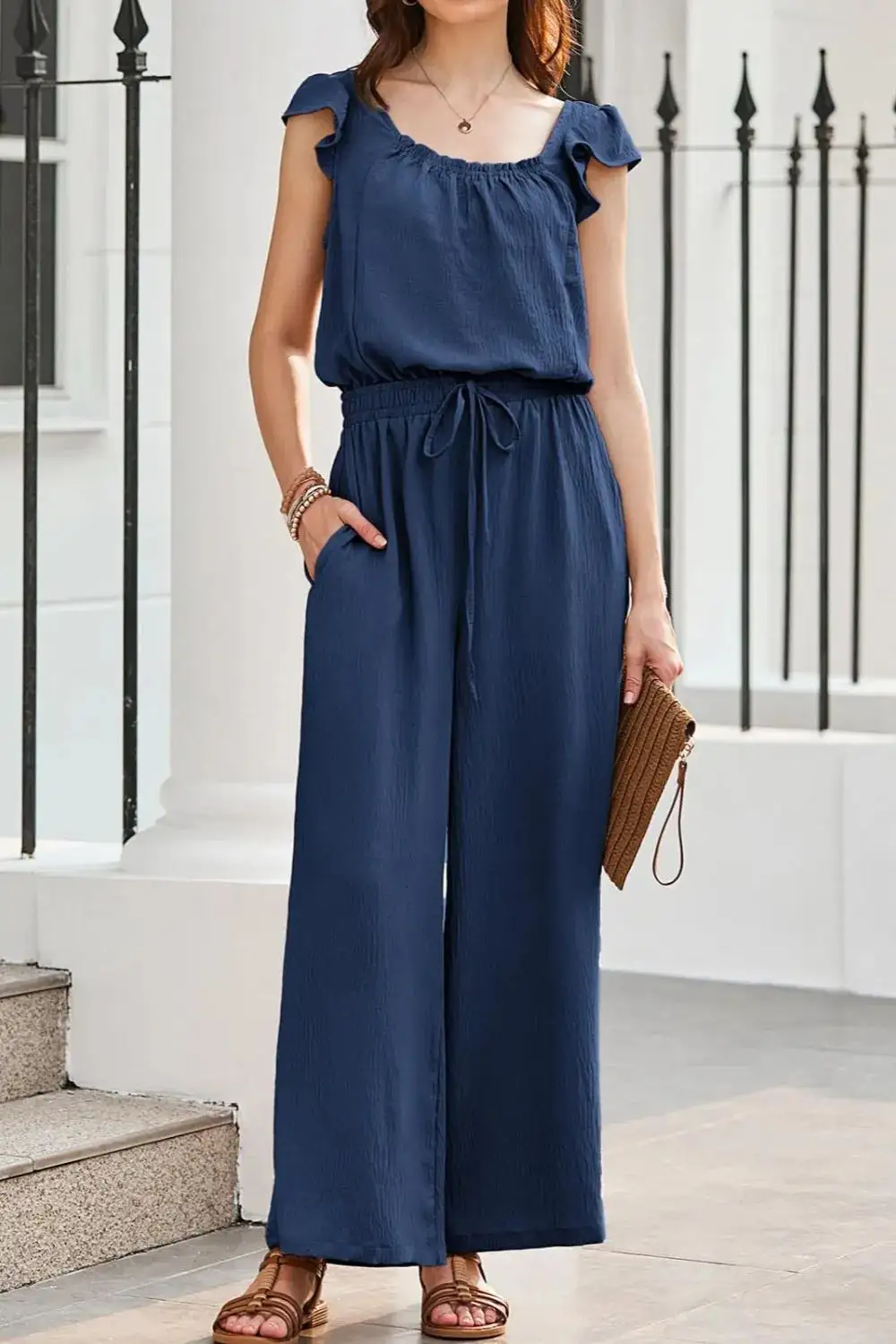 Ruffled Cap Sleeve Wide Leg Jumpsuit Accessory