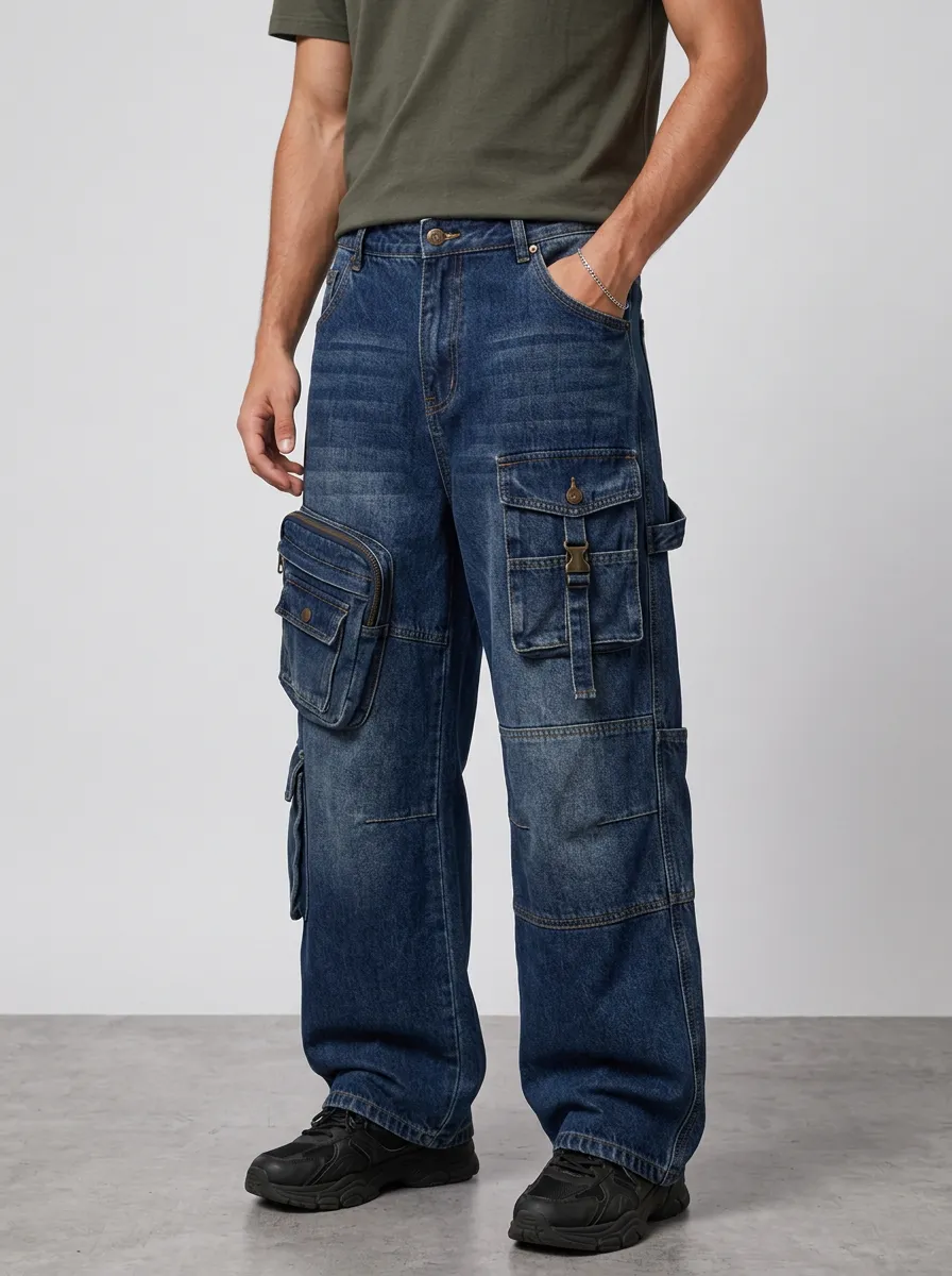 Men's Streetwear Multi-Pocket Washed Denim Cargo Pants
