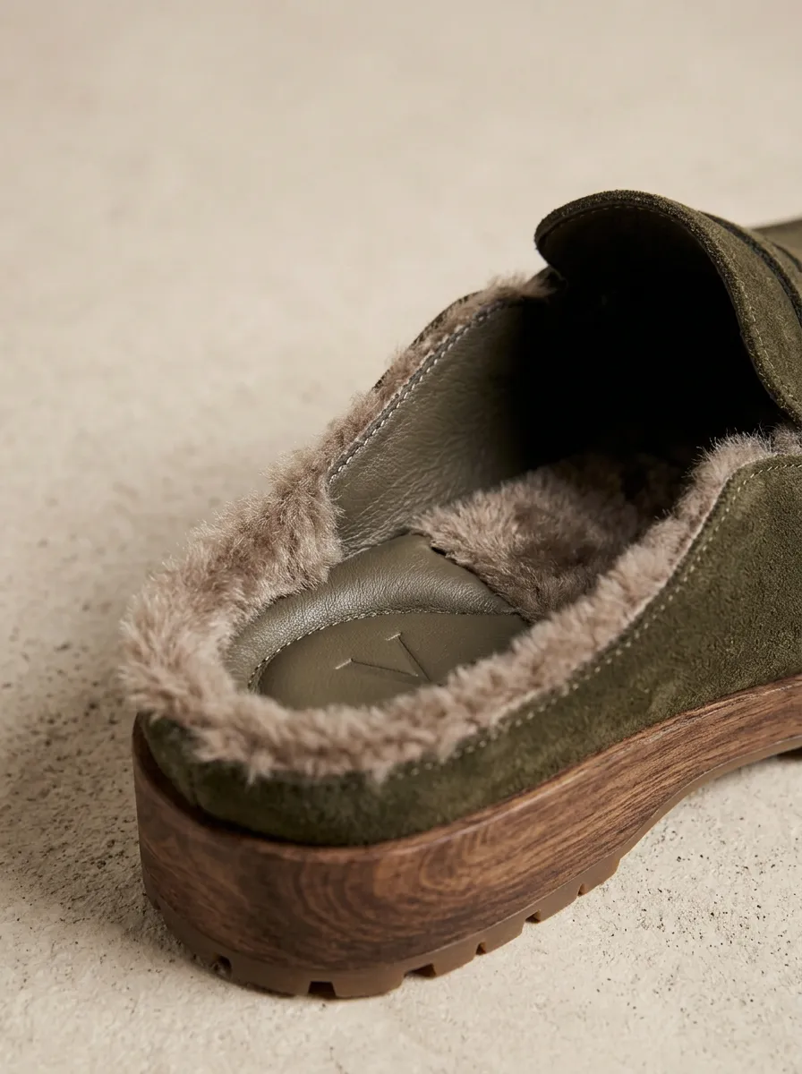 Women's Classic Faux Fur Lined Clog Style Suede Wood Sole Loafers