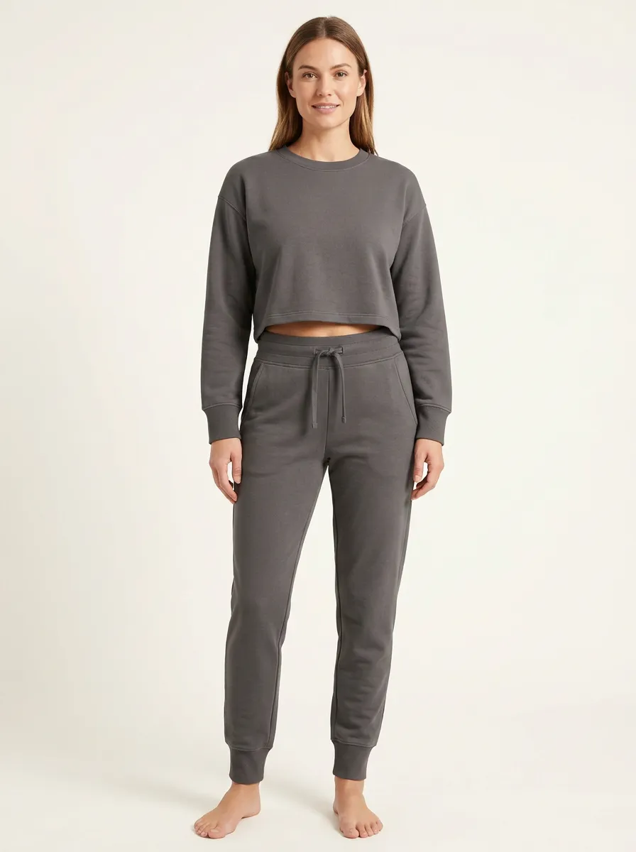 Women's Boxy Cropped Crewneck Drawstring Jogger Set