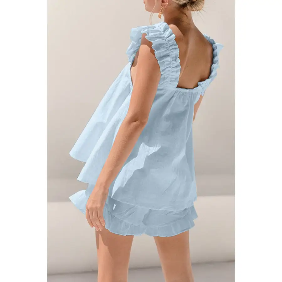 Ruffled Square Neck Top and Shorts Set