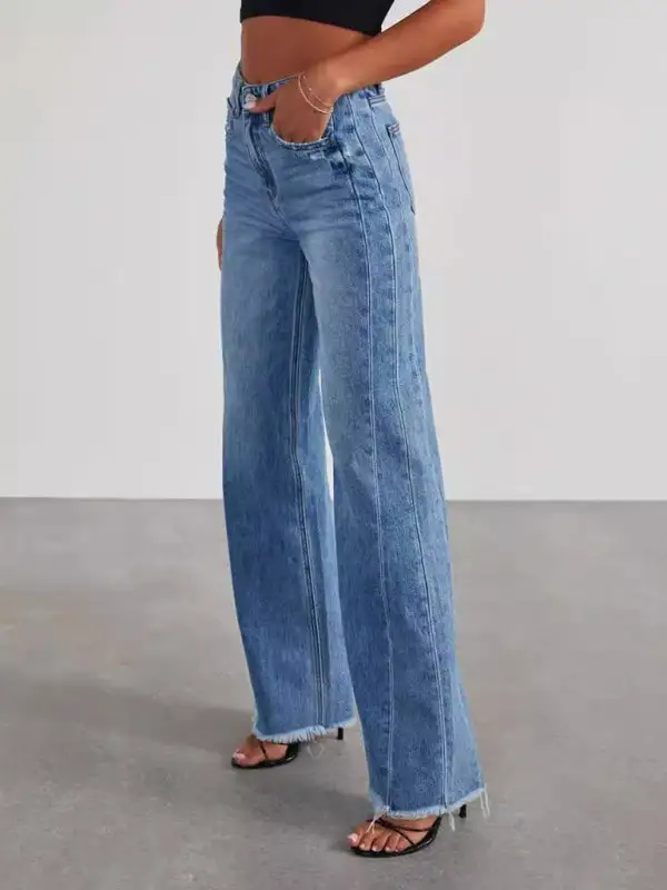 Wide-Leg Frayed Paneled Pocketed Straight Leg Jeans