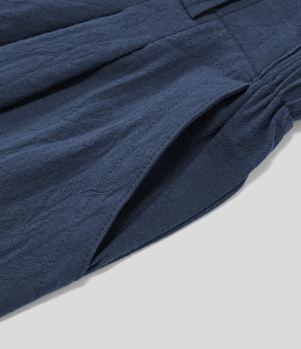 High Waisted Plicated Side Pocket Wide Leg Flowy Solid Palazzo Casual Linen-Feel Pants