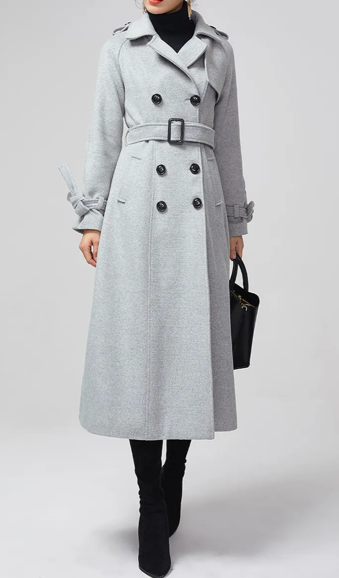 Refined Wool Blend Tailored Double Breasted Lapel Collar Pocketed Midi Coat