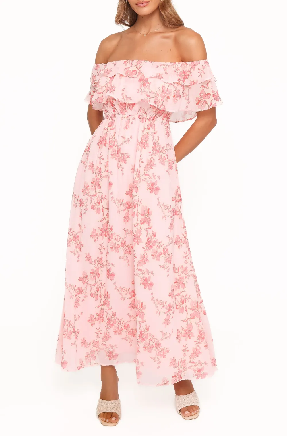Ruffle Straight Neck Maxi Dress
