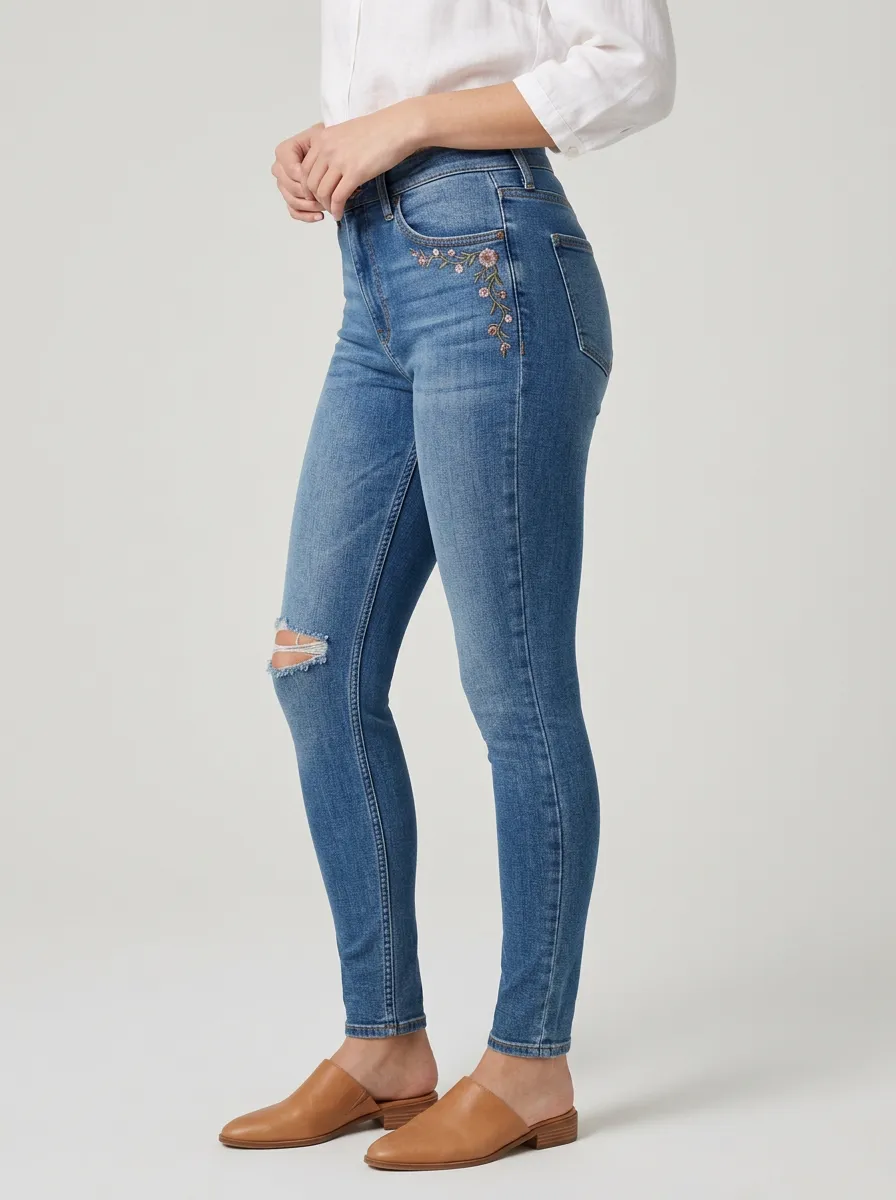 Women's Mason Floral Embroidered Distressed Graphic Slim Jeans