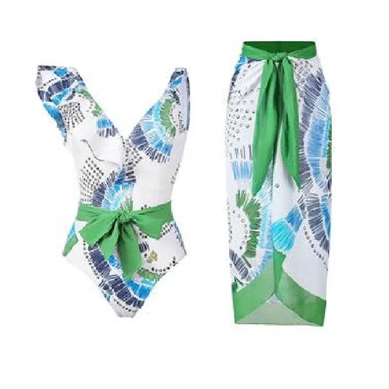 Ruffles One Piece Swimwear with Skirt Cover