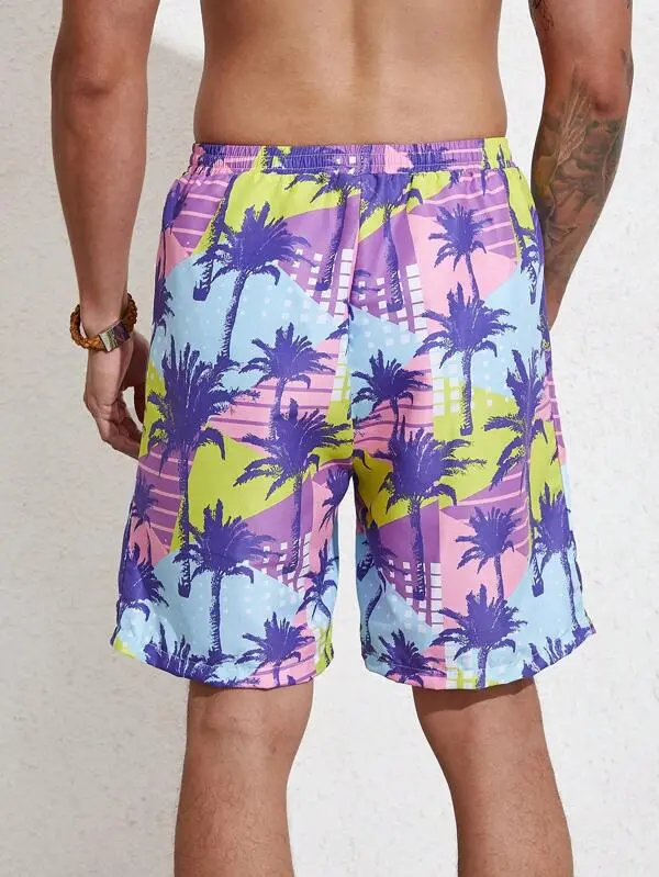 Men's Pocket Coconut Tree Print Swim Trunks