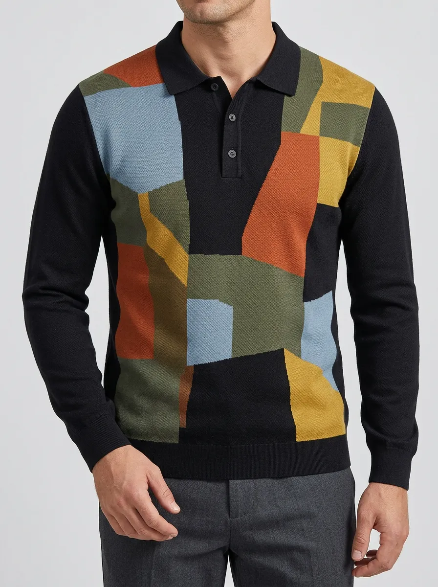 Men's Geometric Colorblock Pattern Printed Long Sleeve Polo Shirt Everyday Design
