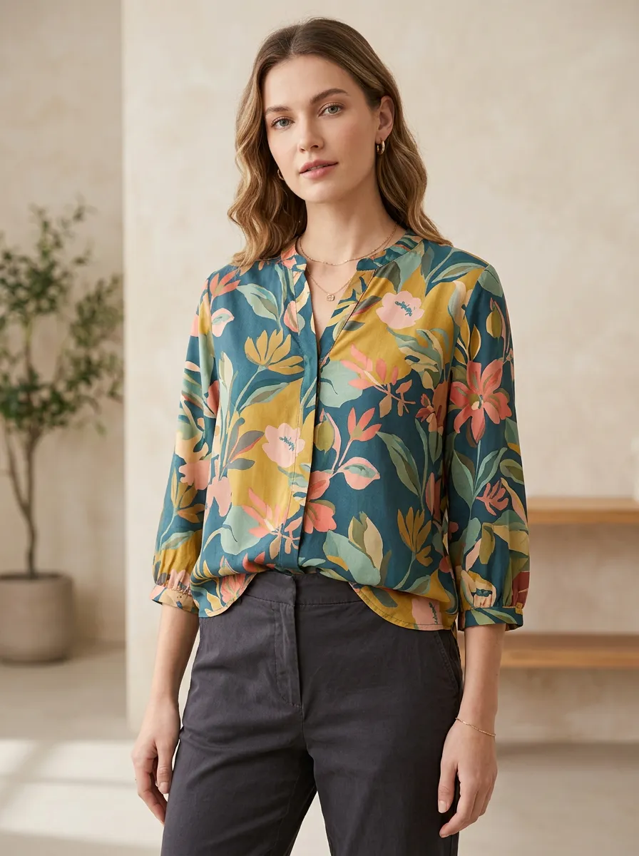 Lightweight-Look Floral Women's Three-Quarter Sleeve Top