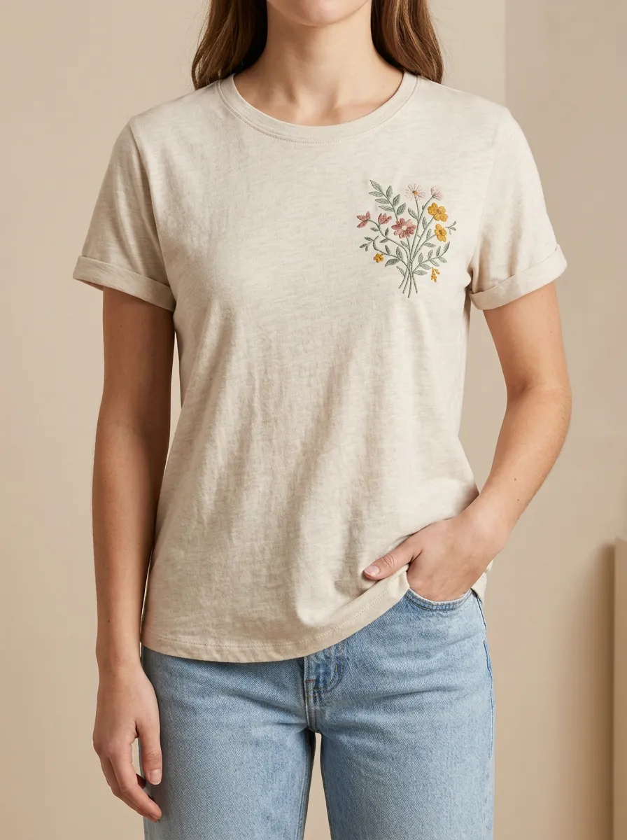 Daily Style Floral Print Embroidered Detail Women's Short Sleeve Casual Top