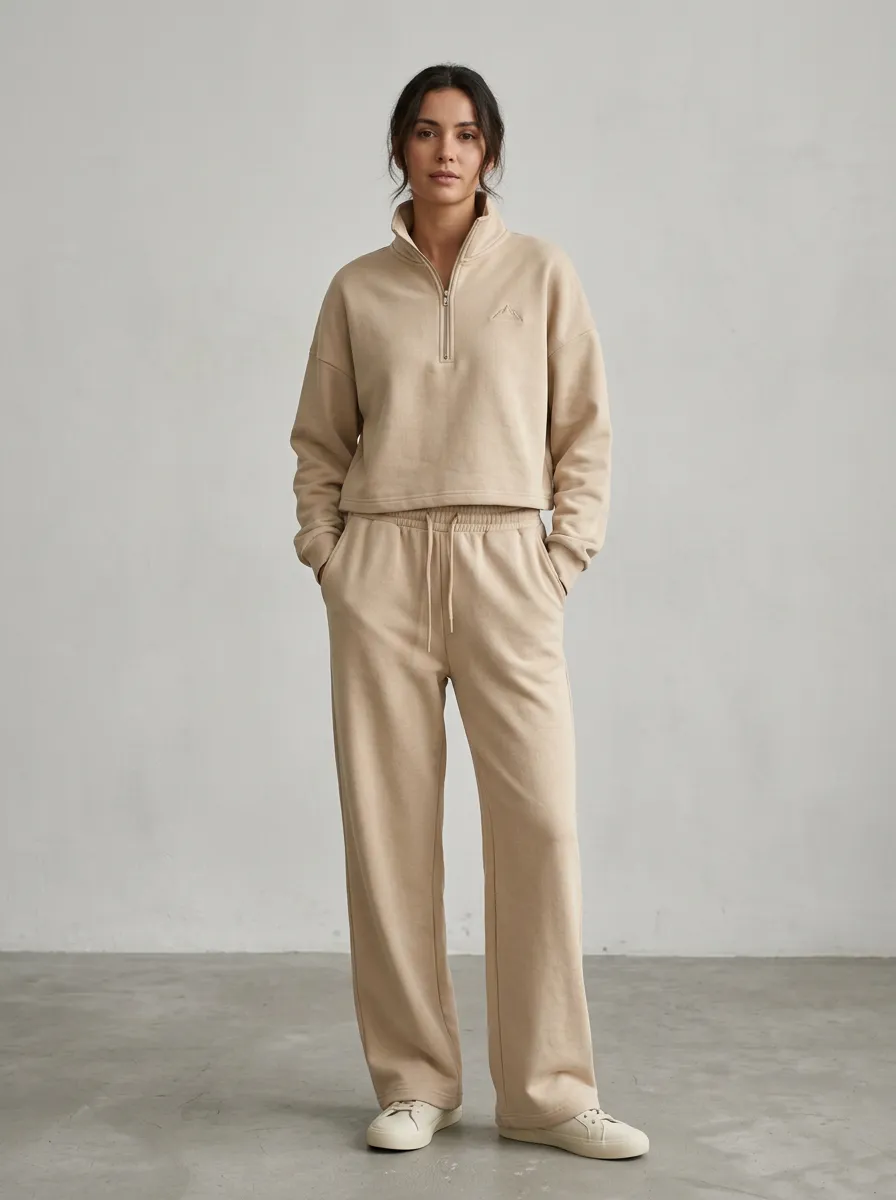 Women's Beige Mountain Embroidered Half-Zip Wide-Leg Set